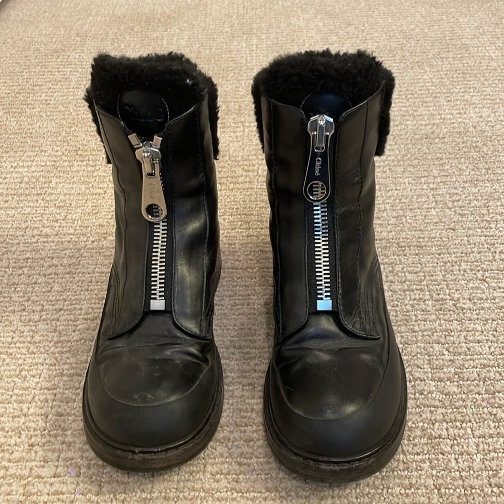 Chloe winter boot. Fur on the inside leather on outside. Silver chunky zipper